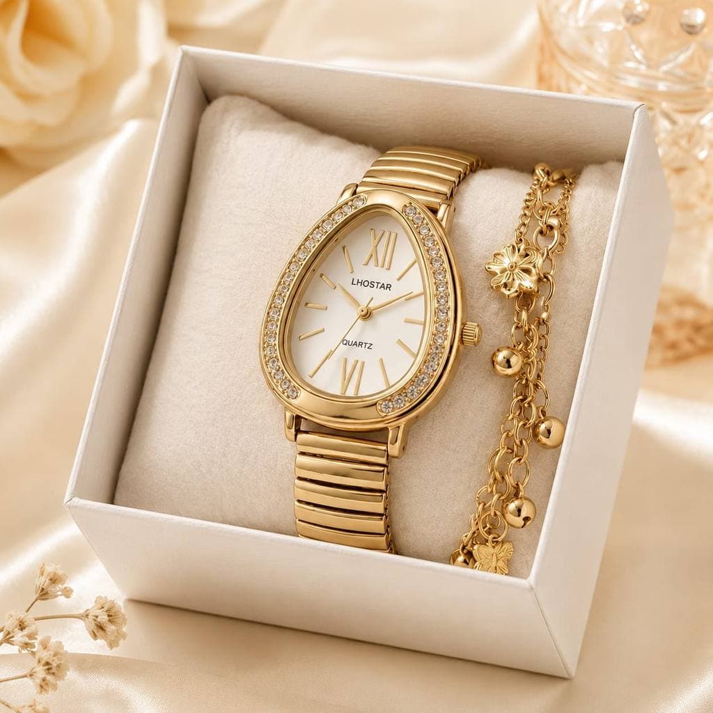 Kit Conjunto Relógio Feminino Dourado Ajustável Gota Serpenti com Pulseira Elestico Folheado Presente Feminino Luxo