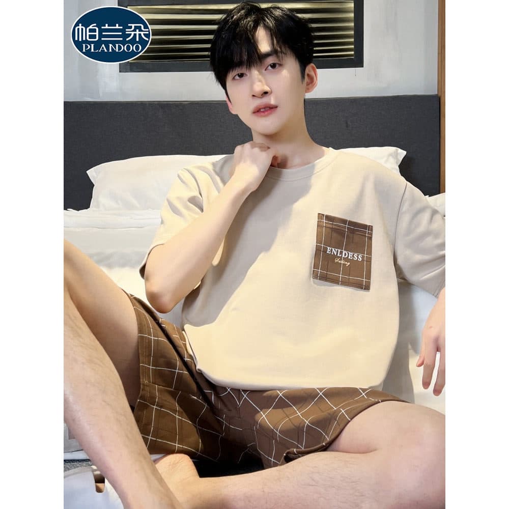 Pijamas de verão masculino puro algodão Shorts de manga curta Casual juventude verão fino masculino 2026 Homewear terno