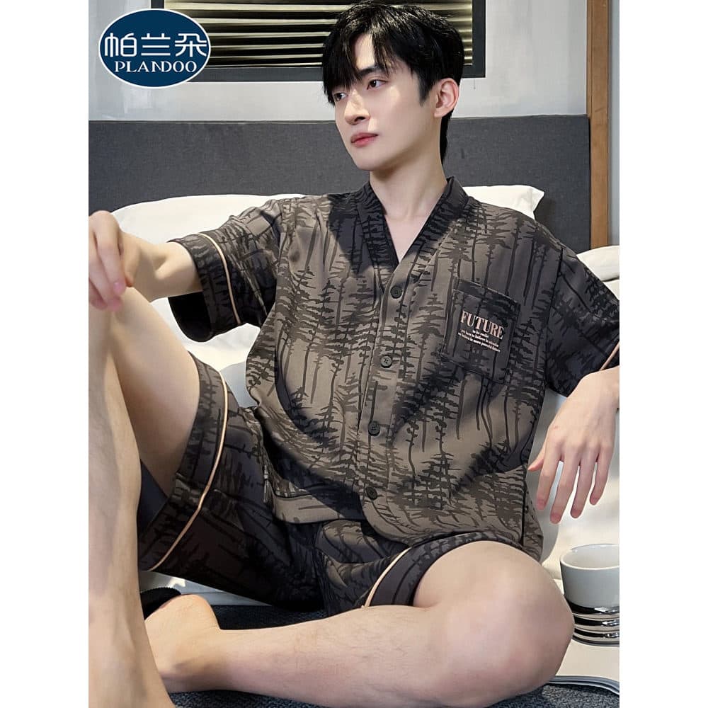 Pijamas masculinos verão 2026 novo estilo puro algodão de manga curta Casual High-End com decote em V quimono masculino