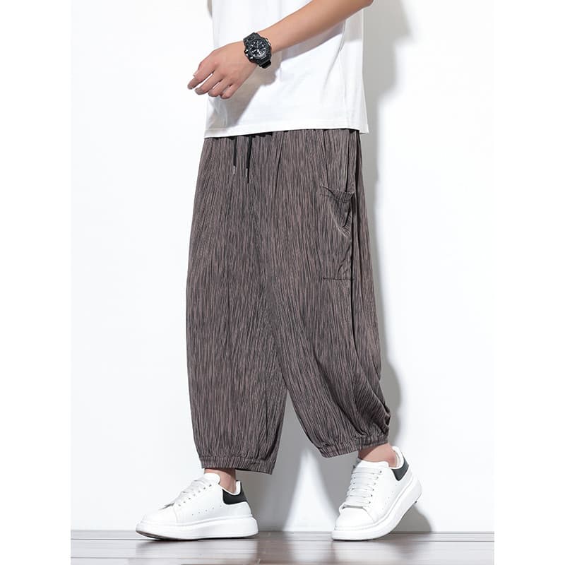 Estilo chinês calças cortadas de seda gelo dos homens verão gordo mais gordura plus Size solto Casual estilo japonês cor