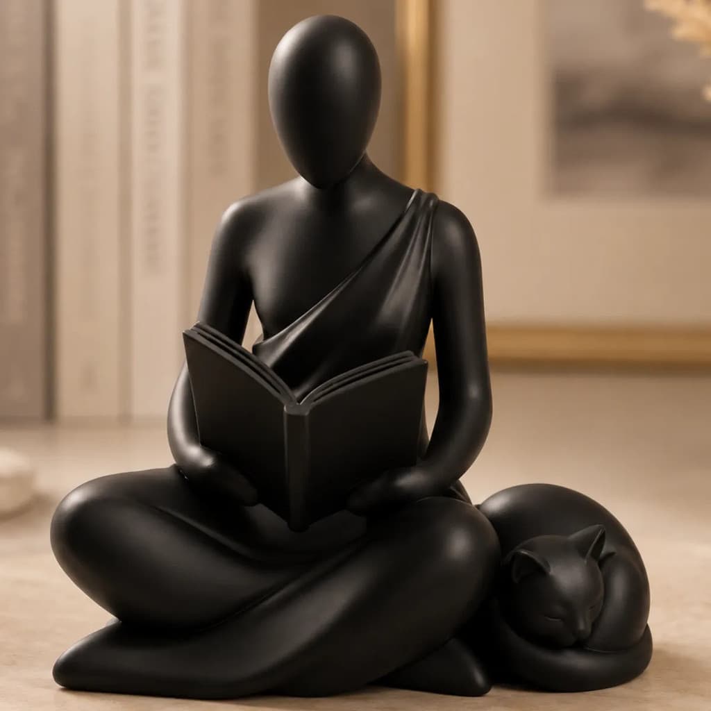 Escultura Leitora Com Gato Decoração Livro Presente