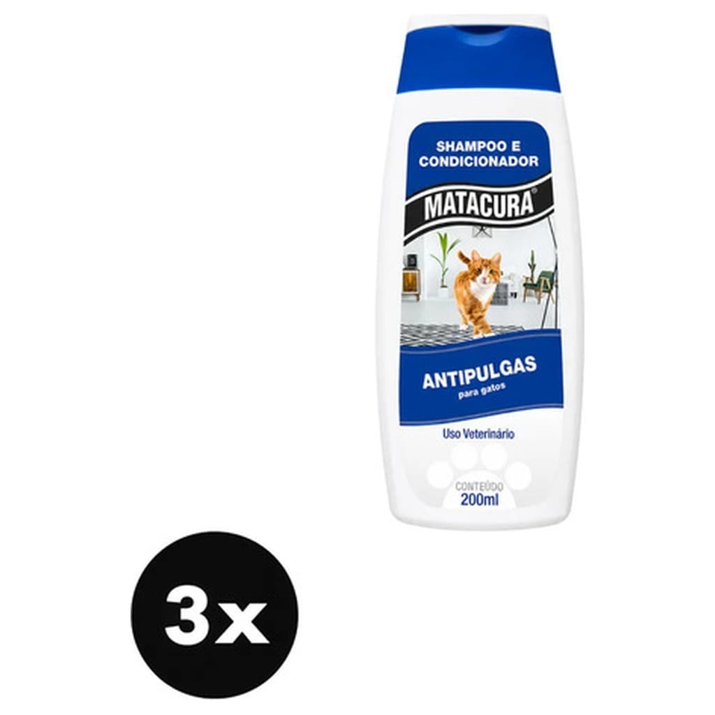 Kit 3 Shampoo Condicionador Matacura Antipulgas Gatos 200ml 2 em 1 Higiene Pelagem Macia