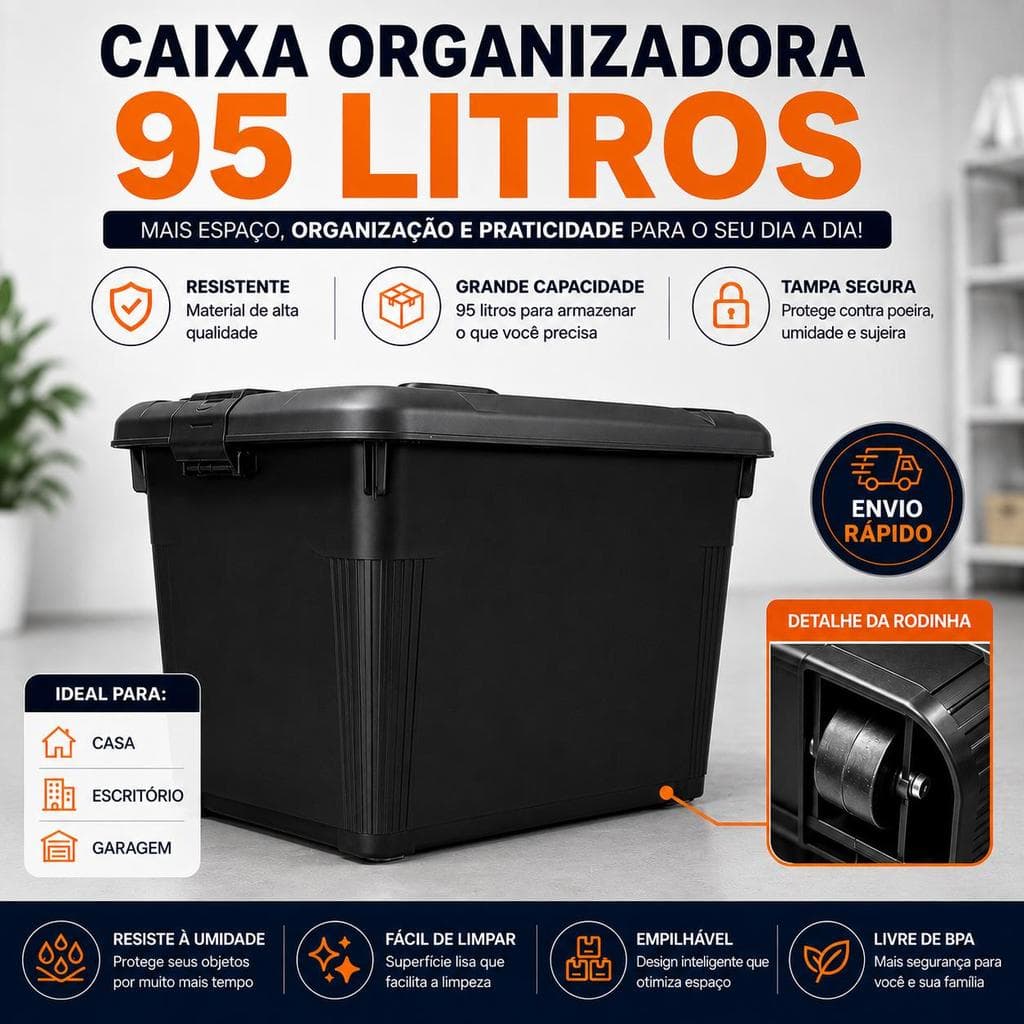 Caixa Organizadora 95L com Tampa e Rodinha Preta Reforçada