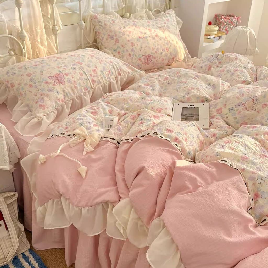 Versão coreana flor borboleta sombra estilo princesa renda romântica conjunto de quatro peças menina coração estudo dorm