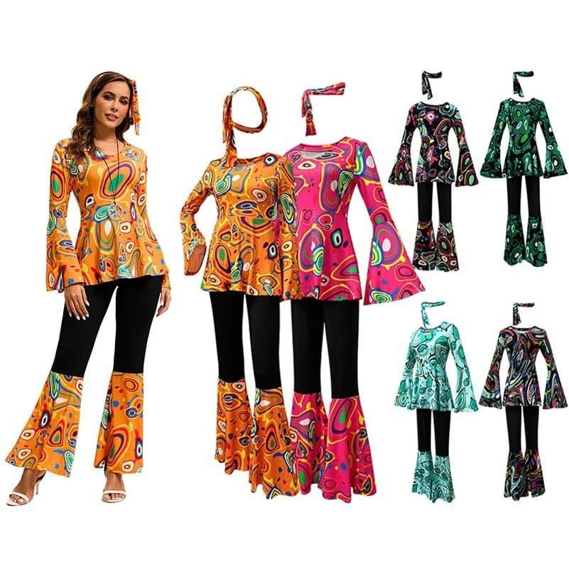 Fantasia Disco Anos 70 para Mulheres, 3 Peças, Conjunto de Roupas Estampadas Hippie Anos 80 com Bandana, para Festa Femi