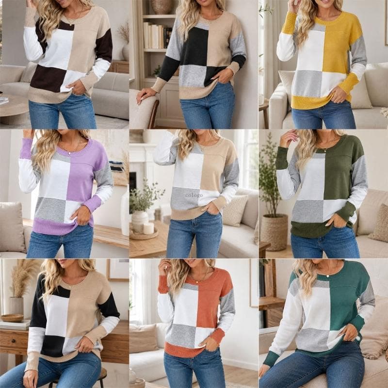 Suéter Feminino Comprida Bloco Colorido, Pulôver Macio, Redonda, Casual, Uso Diário, Camadas P