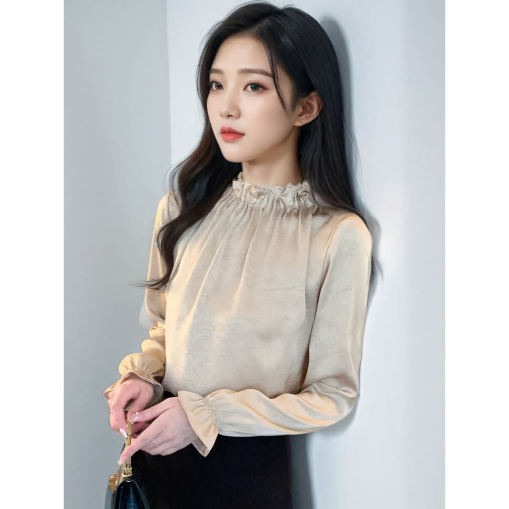 Fungus Edge gola alta camisa de manga comprida feminina primavera outono inverno francês high-End Chiffon camisa elegant