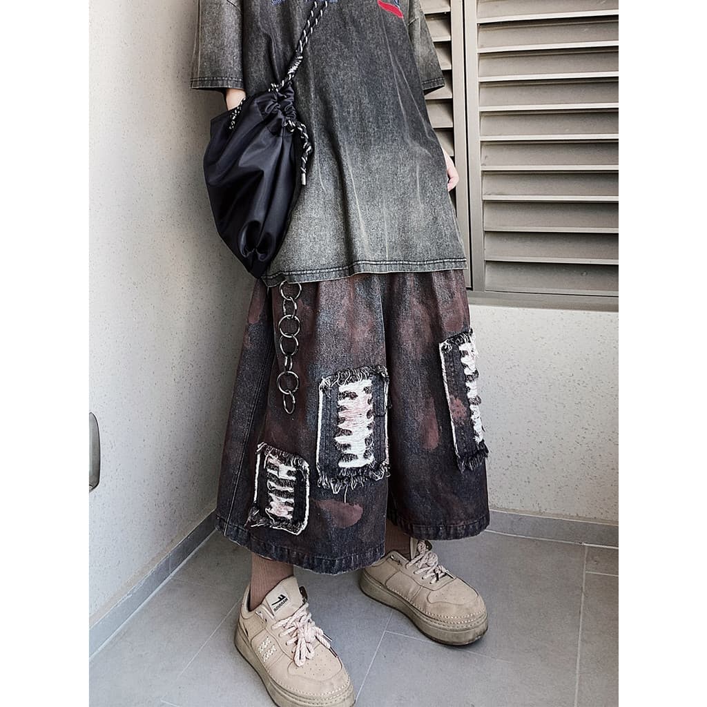 UUCSCC Hip-Hop High Street vintage rasgado remendo calças cortadas soltas perna larga vtg jeans de cinco pontos curto