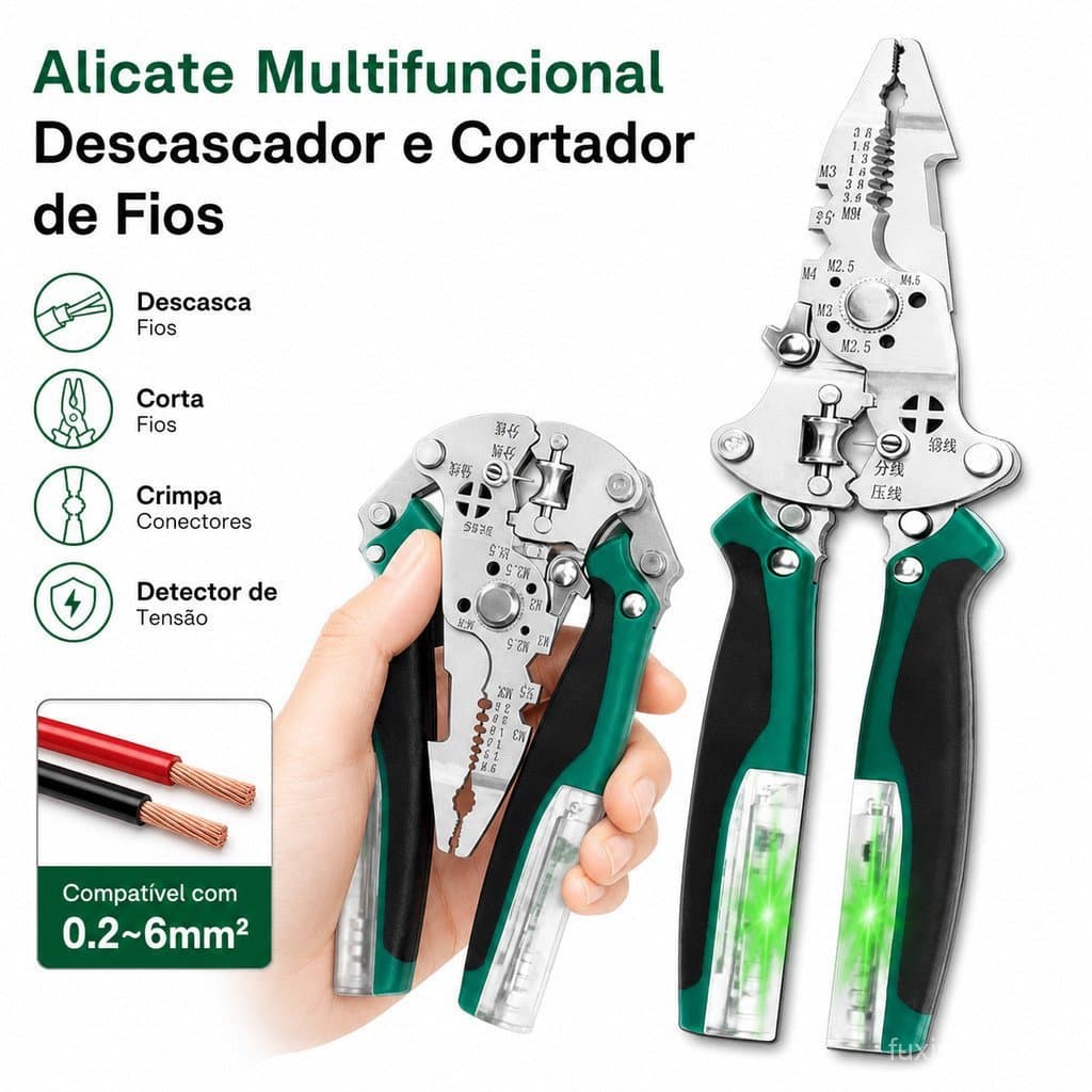 Alicate Descascador De Fio Multifuncional Dobrável Detector Tensão Cortar Oficina Acessório
