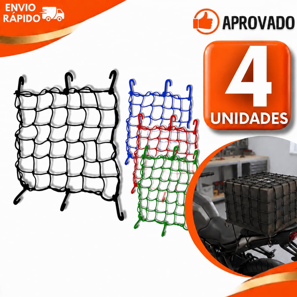 Conjunto Rede Redinha Aranha Elástica Com 6 Ganchos Para Moto Bicicleta Resistente Capacete Bagageiro
