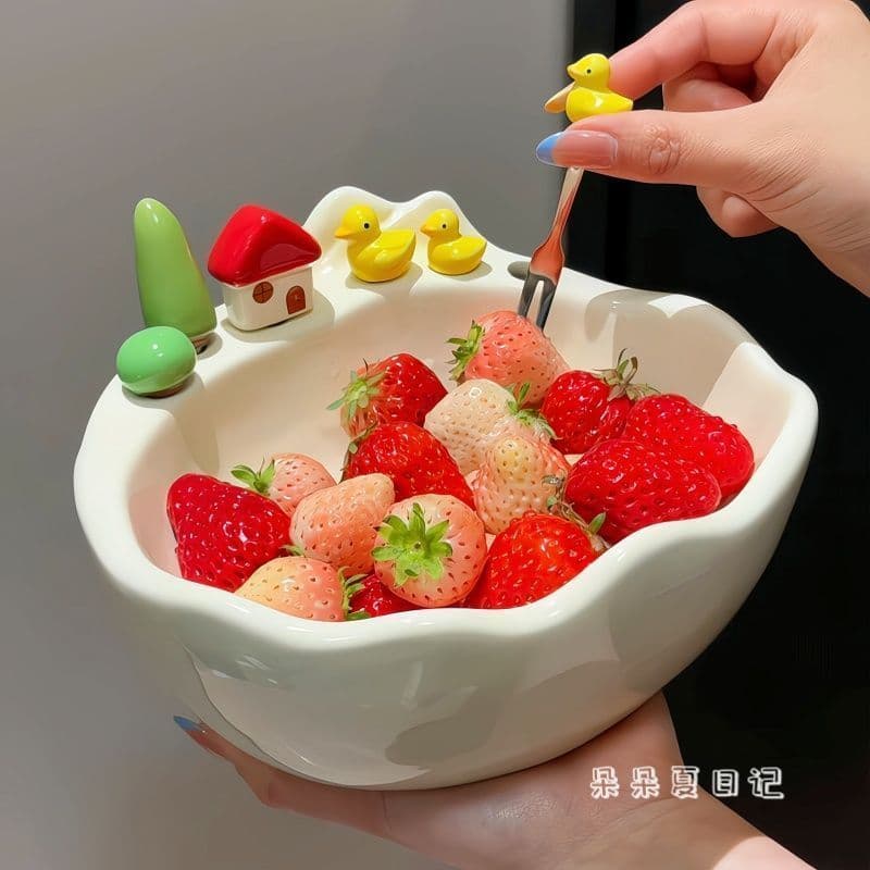 Prato de frutas sala de estar doméstico requintado 2026 novo estilo lindo prato de frutas com garfo bonito cerâmica de a