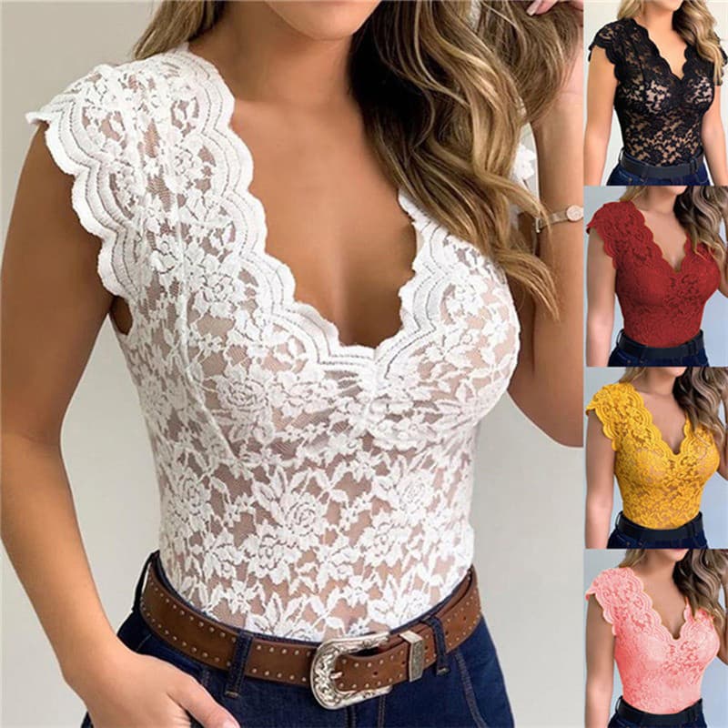 < LK > Nova Moda Verão Camisa Feminina De Renda Transparente Casual Topos Plus Size Manga Curta Profundo Decote Em V Tem