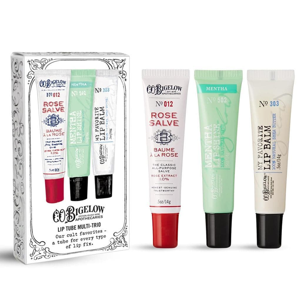 C.O. Bigelow Trio de Tubos de Bálsamo Labial Sortidos, Rose Salve, My Favorite Lip Balm e Mentha Shine, Conjunto de 3 Pr