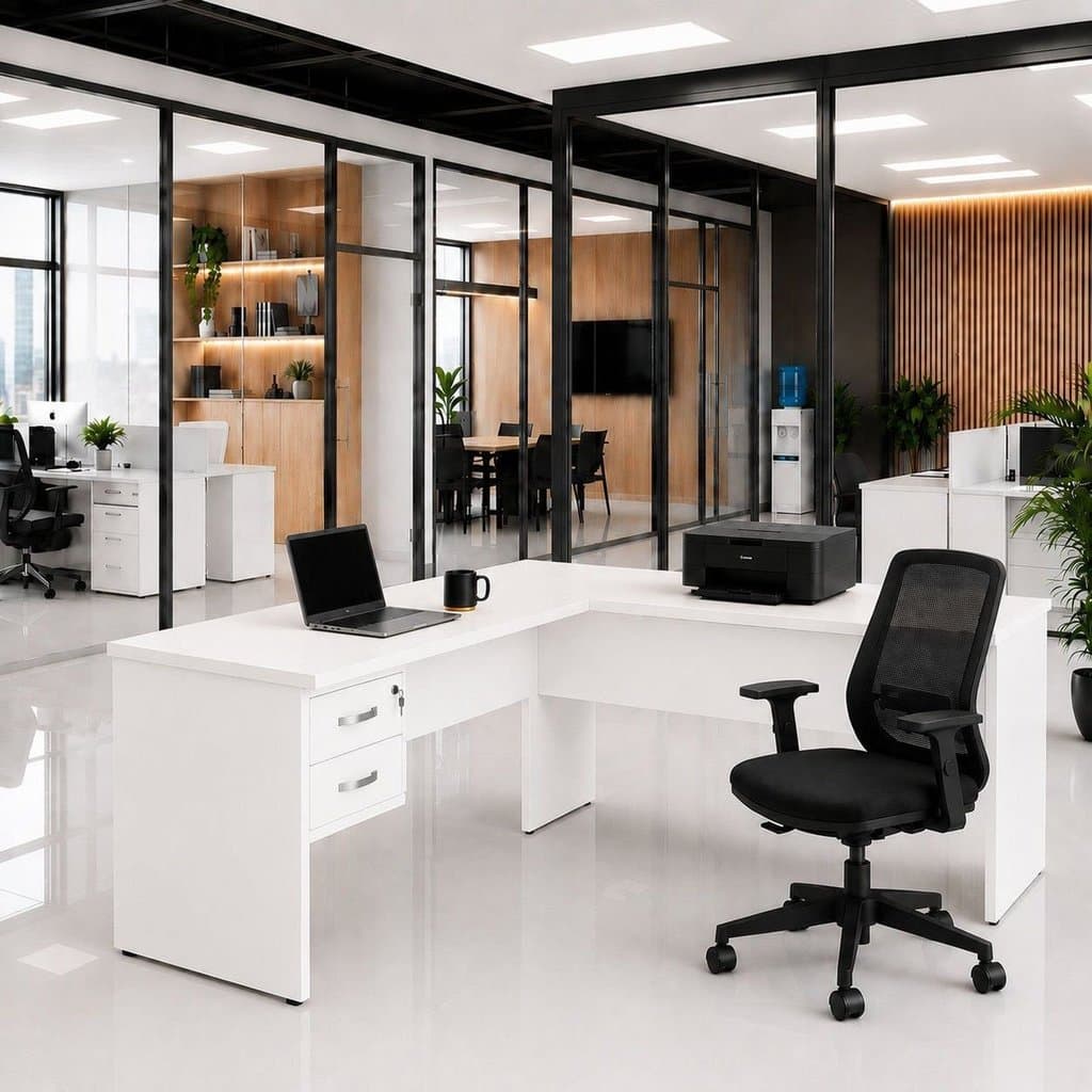 Mesa de Escritório em L 160x60cm com 2 Gavetas + Cadeira de Escritório Ergonômica Reclinável