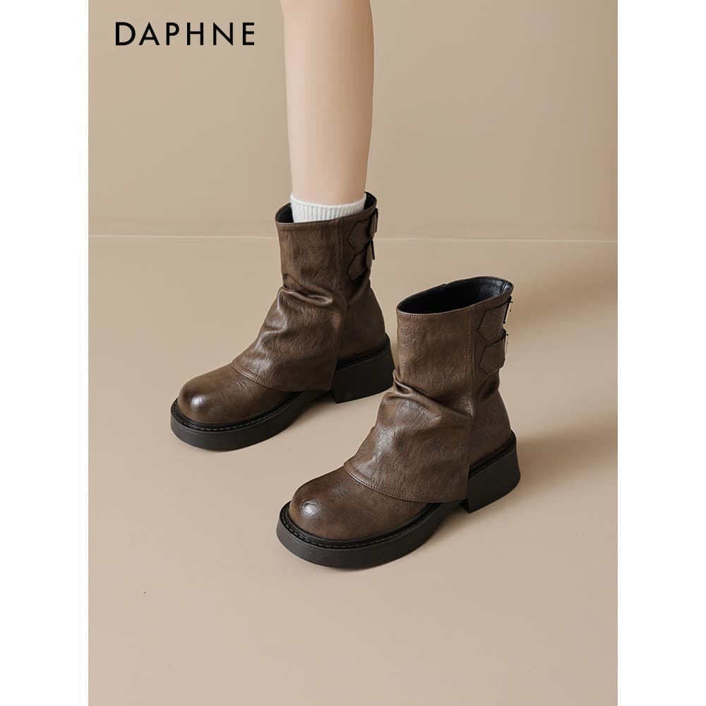 Daphne Meirard botas curtas femininas 2026 novo estilo outono marrom pilha botas de Cowboy botas de sola grossa botas