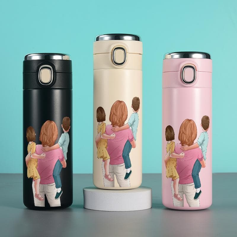 Garrafa térmica mãe e filhos família 420ml aço inoxidável com termômetro digital e trava de segurança