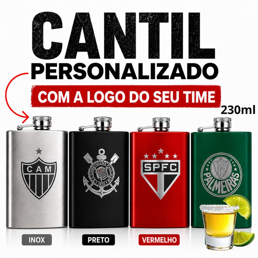 Cantil Personalizado Com Seu Time & Nome 230ml Gravação a Laser Porta Bebidas Whisky Vodka Presente