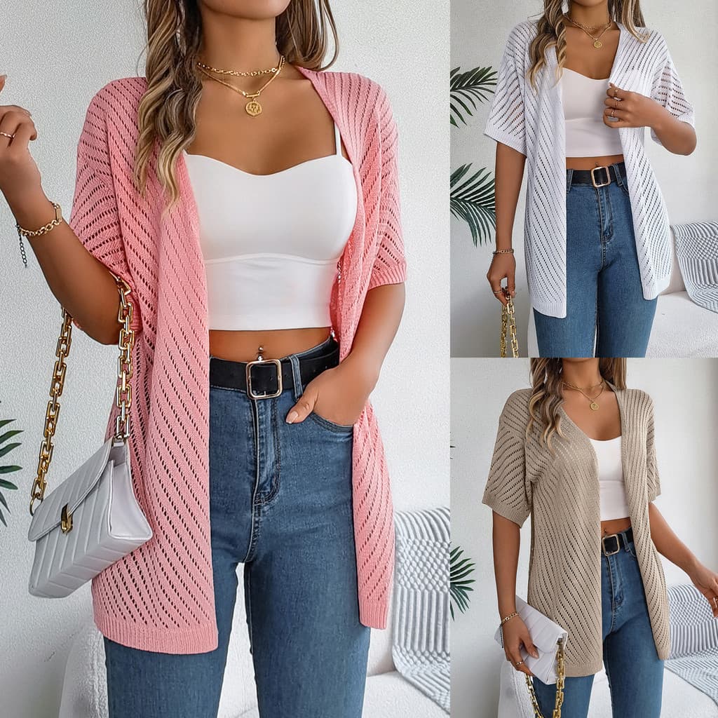 Novo Cardigã de Malha Vazado de Manga Curta para o Verão, Camisa Protetora Solar para Férias, Roupas Femininas