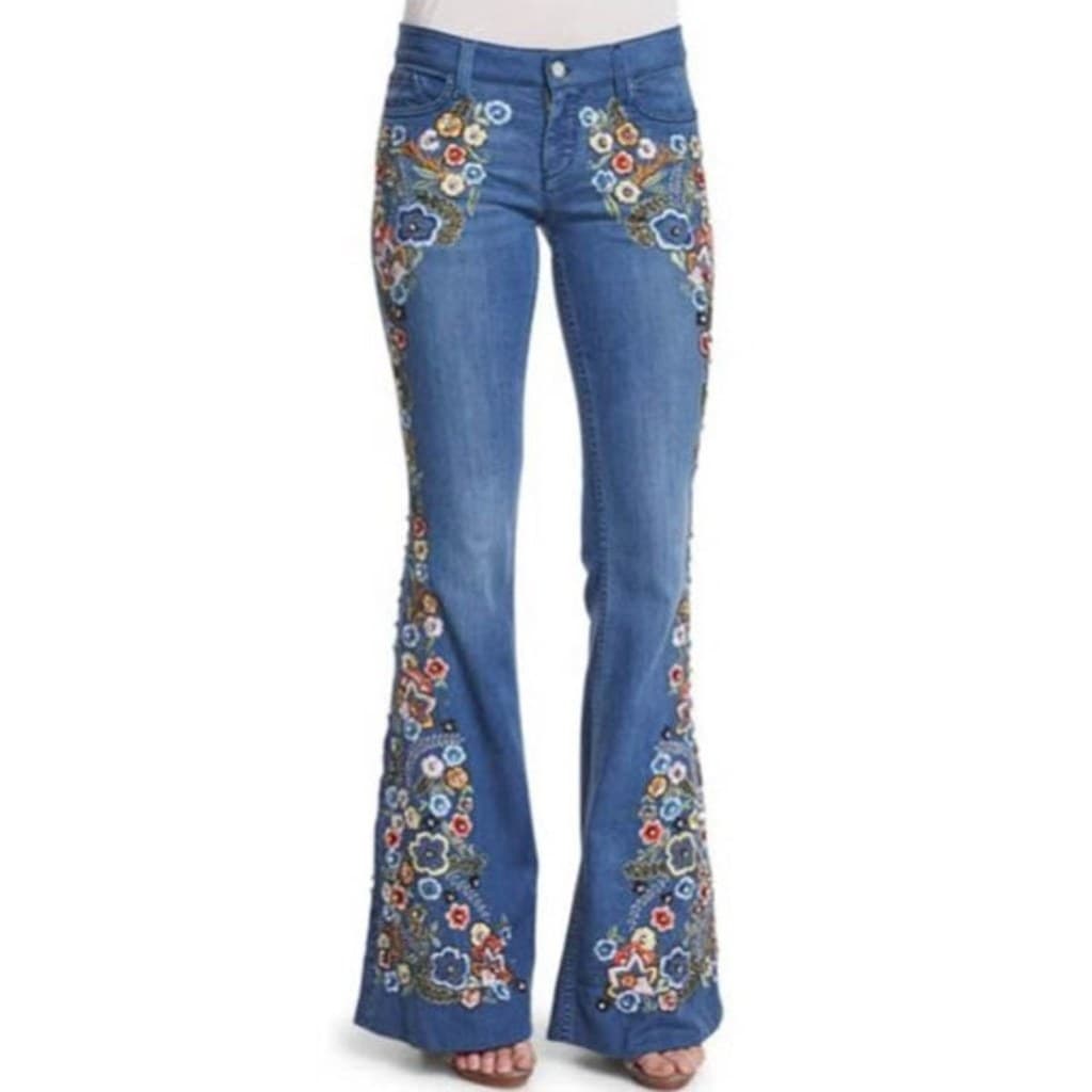 Estilo senhoras Jeans bordado fino-ajuste mais magro olhar lavado queimado calças femininas calças femininas De