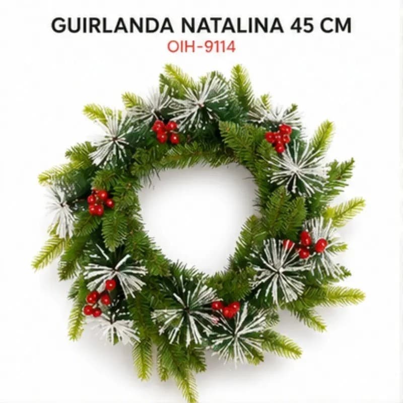 Guirlanda de Natal Artificial Premium com Frutos Vermelhos e Galhos Nevados 45cm OIH-9114