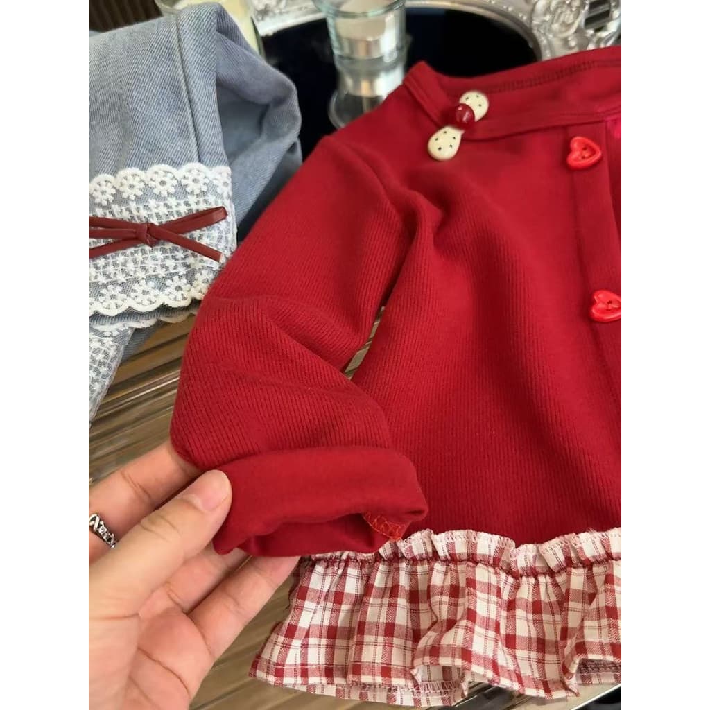 Meninas moletom 2026 outono novo estilo versão coreana Casual moda bonito cogumelo vermelho costura saia renda topo