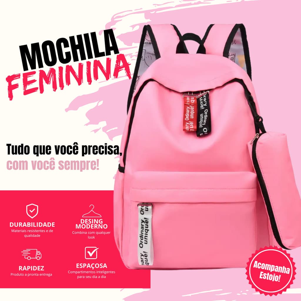 Mochila Dia a Dia Mulher com Estojo - Moderna e Prática para Faculdade