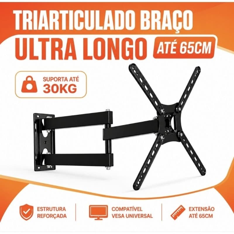 Suporte TV Parede Braço Longo Reforçado 65cm Tri Articulado Com Inclinação