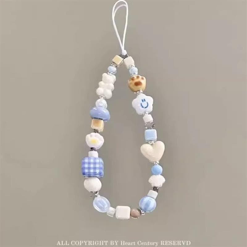 Cordão de corrente de telefone móvel estilo de pulso japonês bonito feito à mão branco azul cor Multi-formato grânulo co