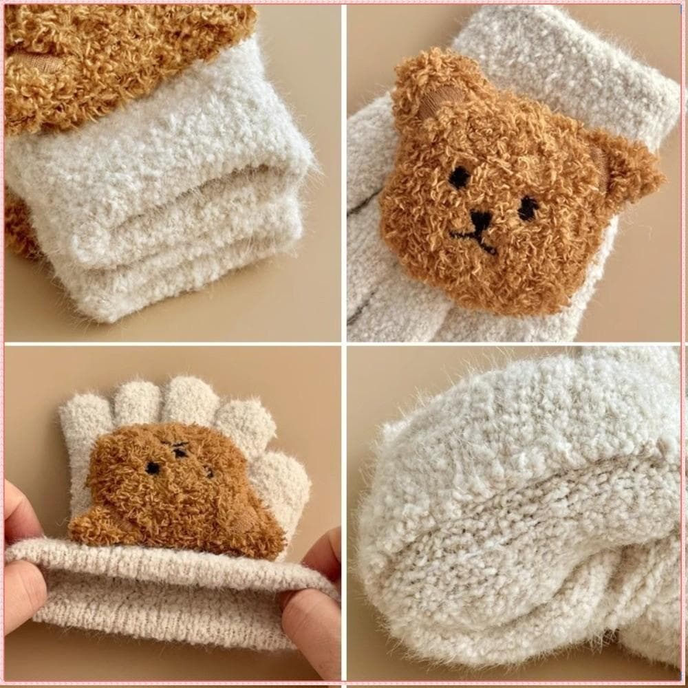 Luvas De Urso De Desenho Animado  , Forro Quente , Cor Sólida , Dedo Completo Quentes De Inverno Com Isolamento Tér