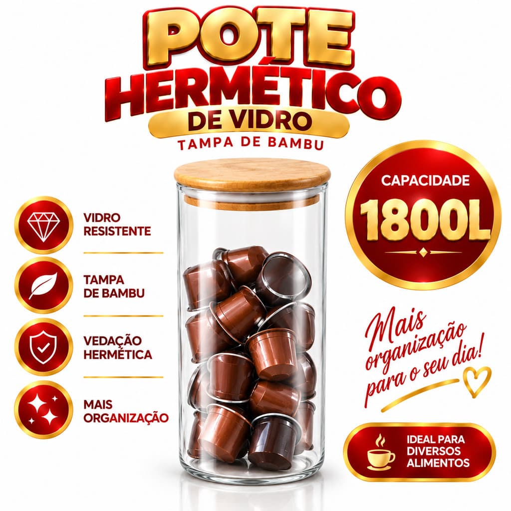Pote Porta Mantimento Hermético Redondo em Vidro Borosilicato com Tampa de Bambu 1800l