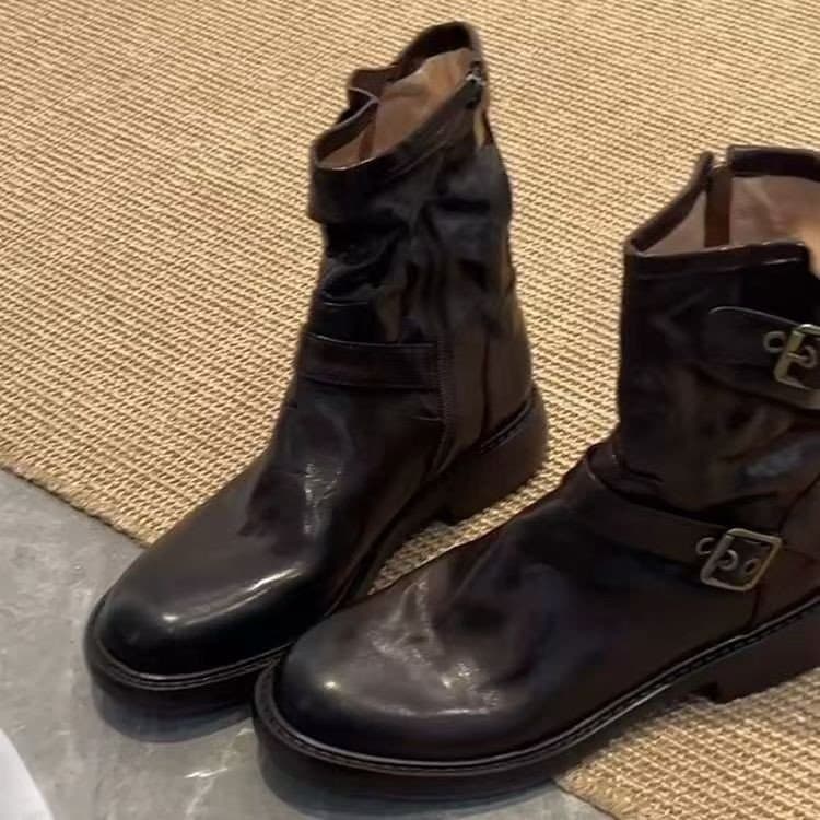 Botas Femininas de Bico Redondo com Zíper Lateral, Botas Curtas Plissadas, Casuais, com Salto Grosso, Botas da Moda, Tam