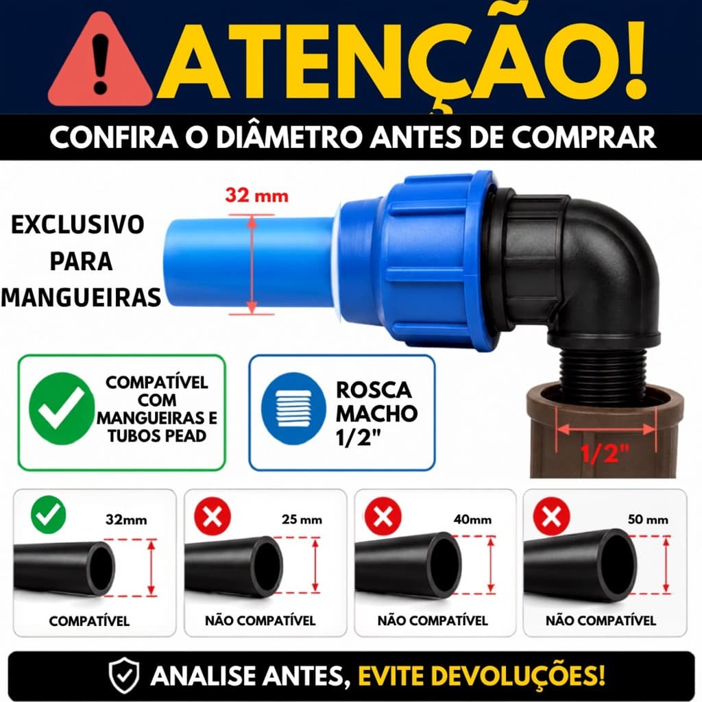 Kit 50 Cotovelos Macho de Compressão PEAD 32mm x 1/2" PN 20 Pietrobon - Conexão 90° Rosca Macho para Tubo PEAD Água Fria