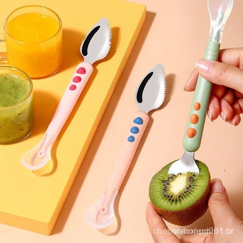 Raspador de Frutas Adequado para Bebês Colher de Purê de Aço Inoxidável Cabeça Dupla Silicone de Grau Alimentício Suplem