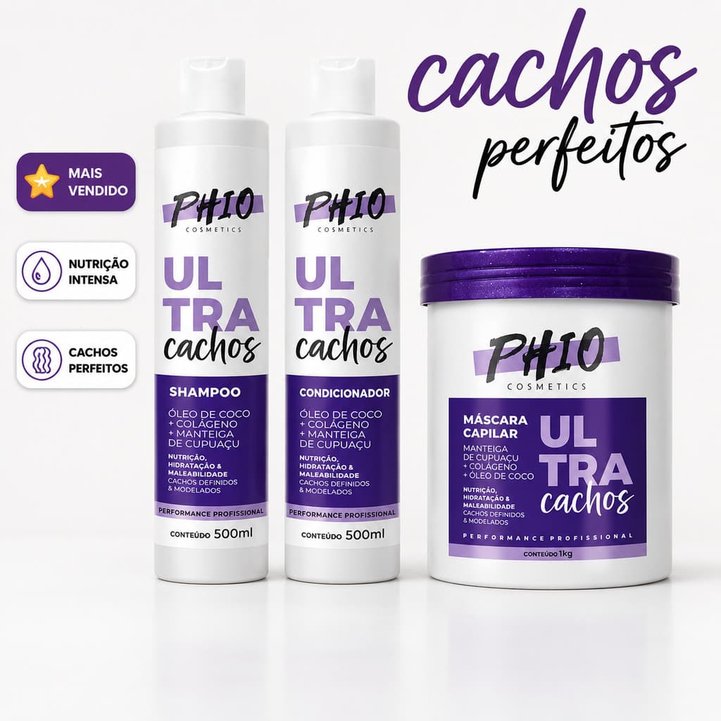 Kit PH10 Ultra Cachos Shampoo + Condicionador 500ml + Máscara 1kg Cachos Definidos
