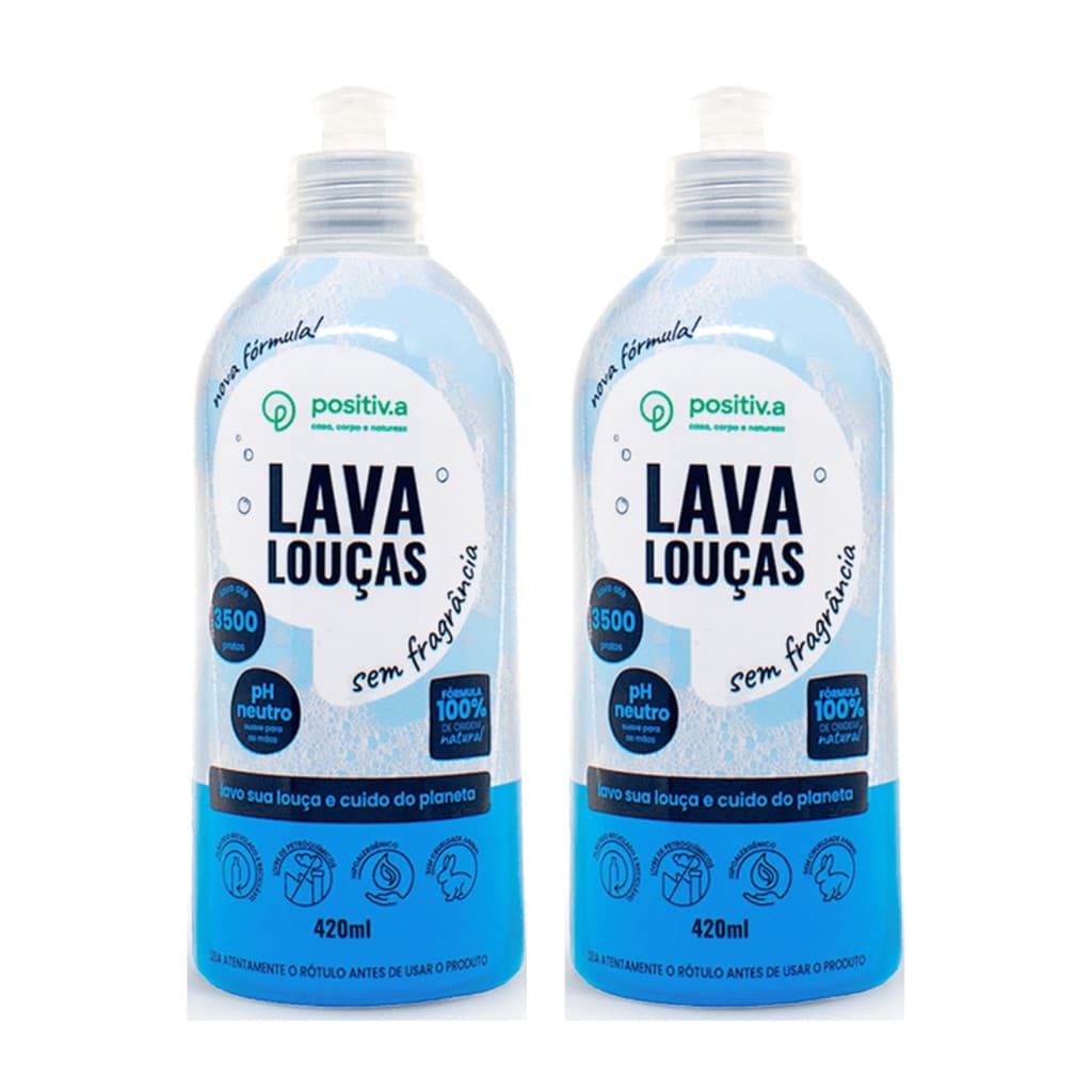 Kit 2 Lava Louças Hipoalergênico Positiv.a Sem Fragrância Positiva 840ml Detergente Natural