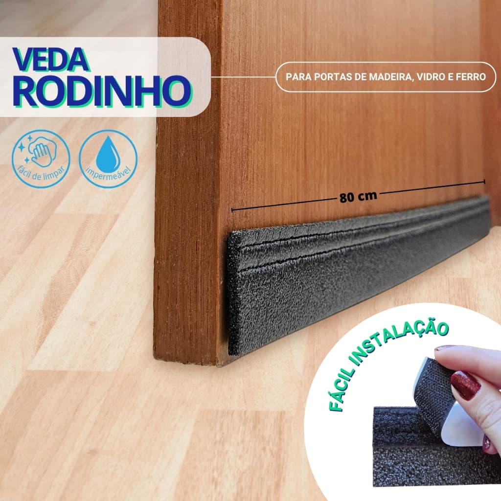 Kit Protetor de Porta Adesivo 80cm Preto com Rodinho – Vedação Contra Poeira, Frio e Ruído