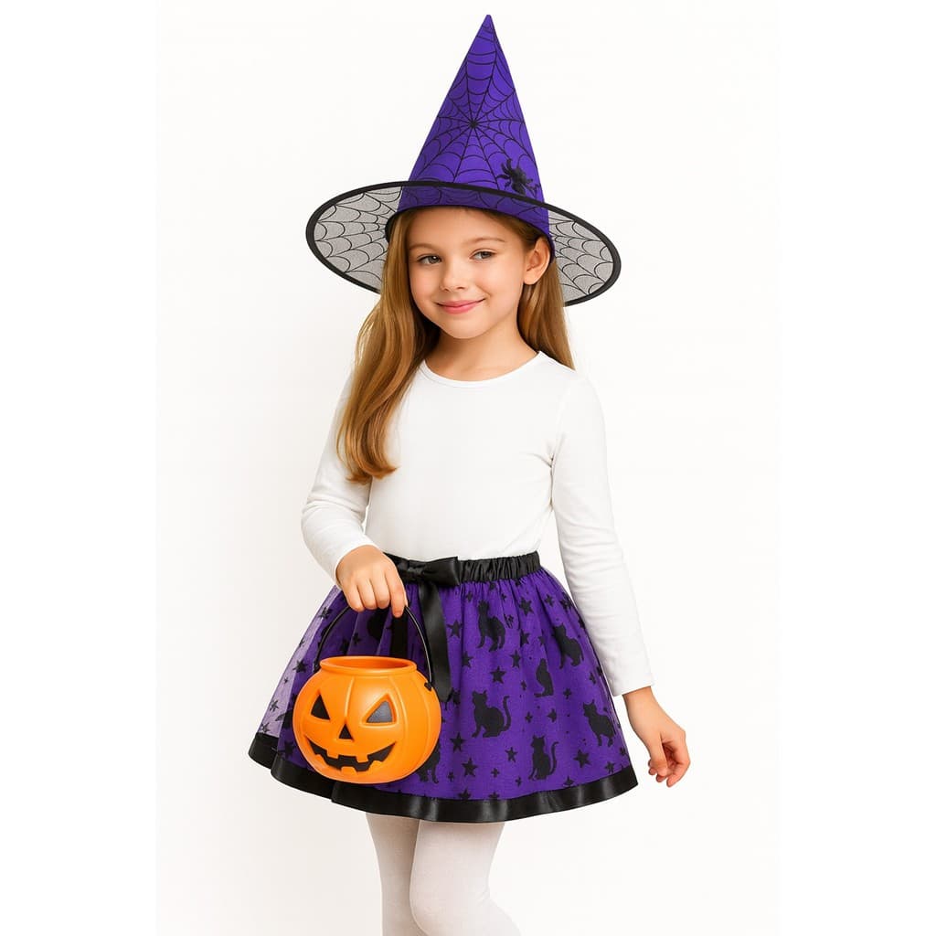 Fantasia Bruxinha Infantil Bruxa com Baldinho Chapéu Saia de Tule Festa Halloween