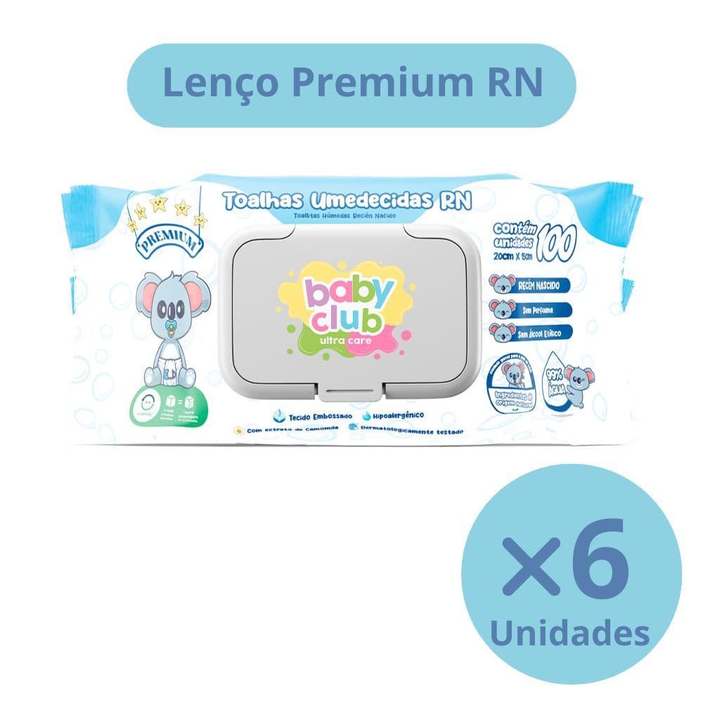 KIT 6 UNIDADES TOALHAS UMEDECIDAS RECEM NASCIDO BABY CLUB COM 100 FOLHAS CADA