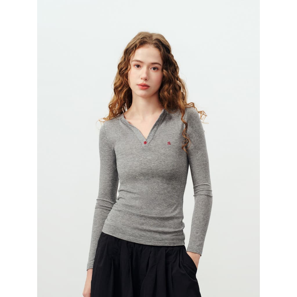 P PSO marca feminina fina Tencel lã misturada com decote em V cor sólida manga comprida camiseta feminina magro