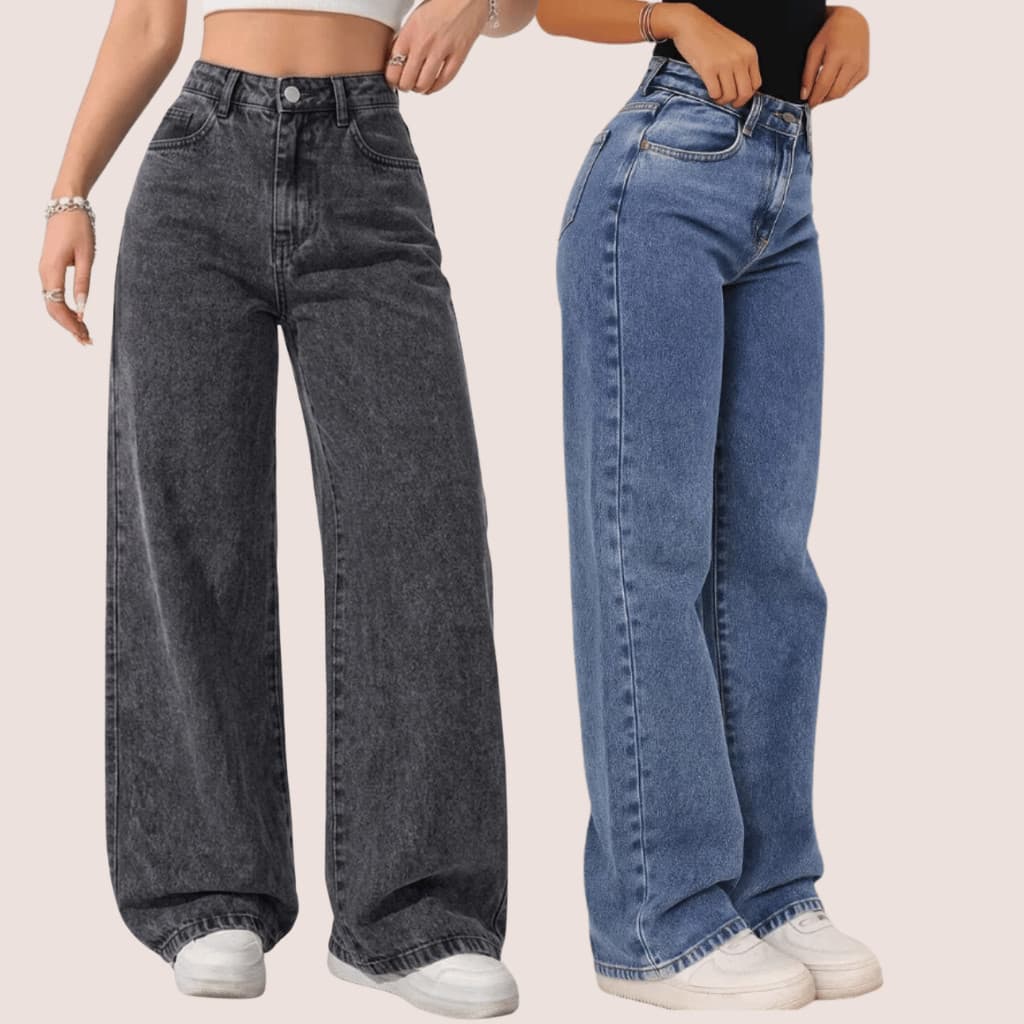 kit 2 Calça Jeans Wide Leg Feminina Cintura Alta Pantalona Lavagem Clara Premium