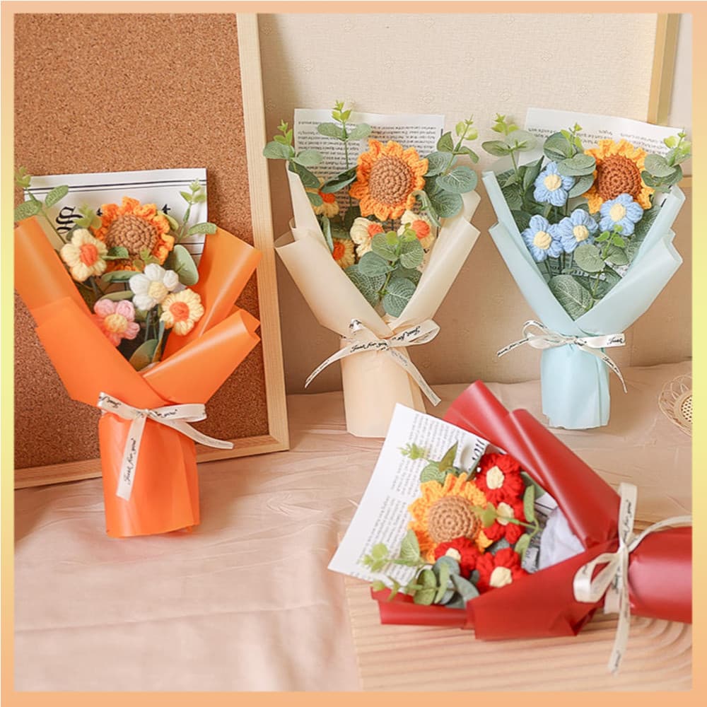 Buquê De Girassol De Crochê Feito À Mão Acabado , Inchado De Malha Com Saco De Presente , Flores Artificiais Para O Dia