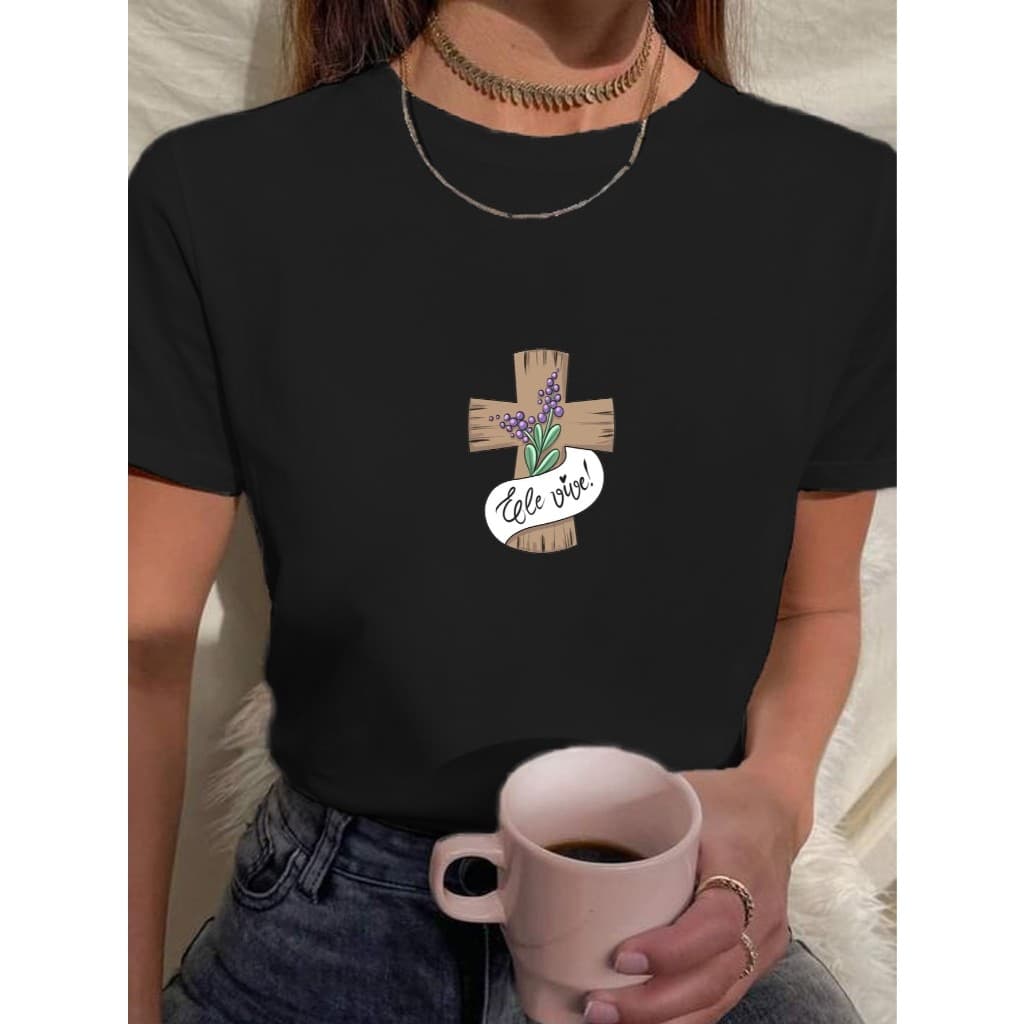 Camiseta Feminina Babylook t shirt páscoa cruz ele vive ressureição religião fé 100% Algodão