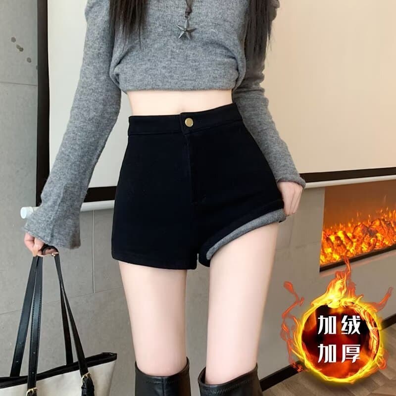 Velo quente preto Denim Shorts feminino outono inverno pequena linha a Hip botas calças de cintura alta mais magro olhar