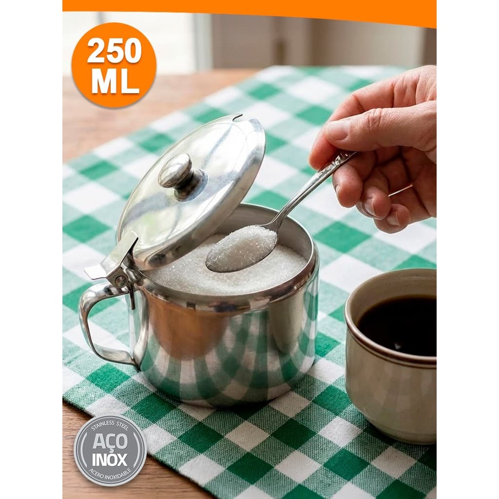 Açucareiro Aço Inox Com Colher E Tampa 250ml Porta Açúcar Resistente Para Café Cozinha