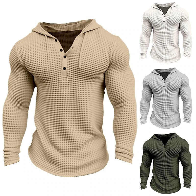 2026 novo estilo estação independente comércio exterior masculino Waffle fivela Hoodie camiseta topo férias manga longa