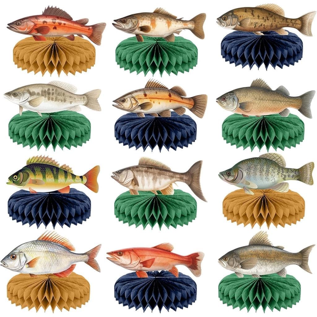 12PCS Fishing Birthday Party Decorations Gone Fishing Honeycomb Table Centerpiece Little Fisherman Birthday Party Table