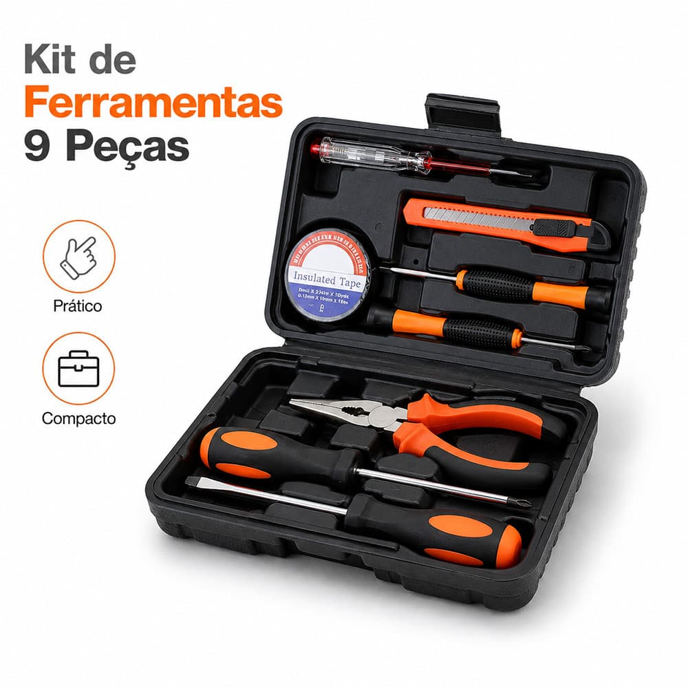 Kit Ferramentas 9 Peças com Maleta Alicate Chaves Estilete Fita para Reparos Uso Doméstico