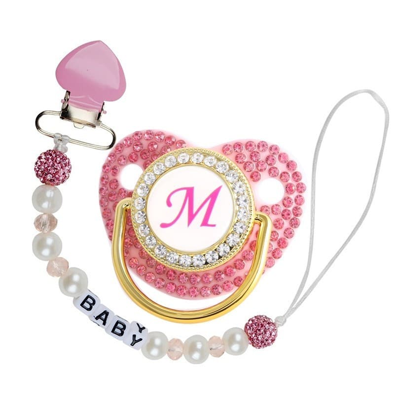 26 Cartas Iniciais Pink Baby Pacifier Com Clip De Corrente De Diamante
