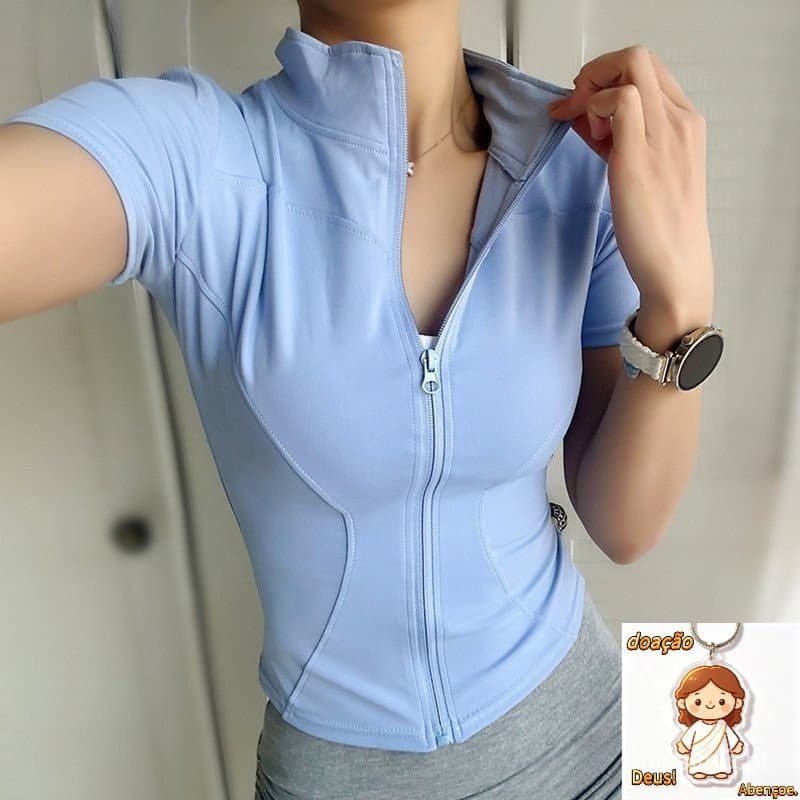 Camisa de Yoga Slim Fit com Zíper para Mulheres, Jaqueta de Manga Curta de Colarinho Alto, Secagem Rápida, Fitness de Ve