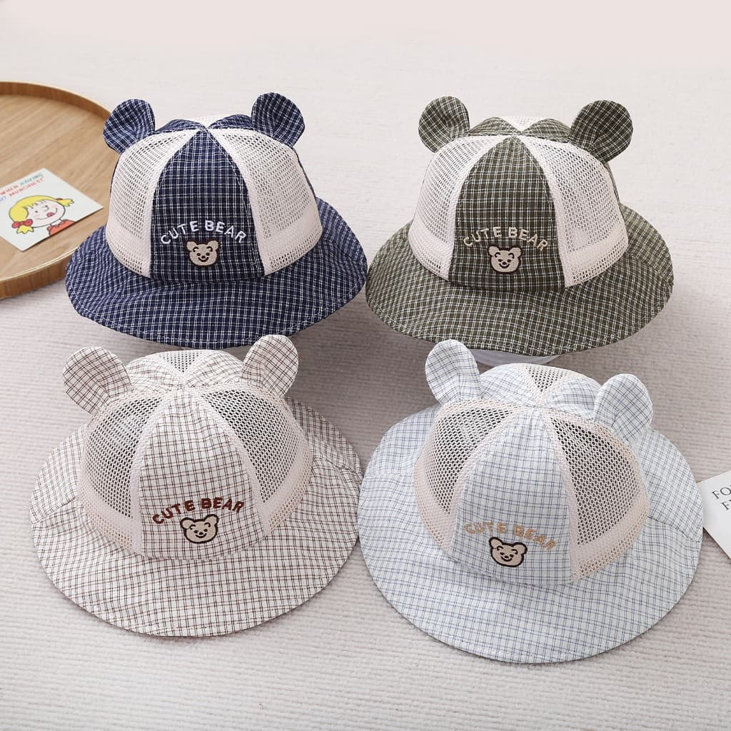 Chapéu De Bebê Bonito Dos Desenhos Animados Urso Xadrez Malha Pescador Guarda-Sol Ao Ar Livre Das Crianças